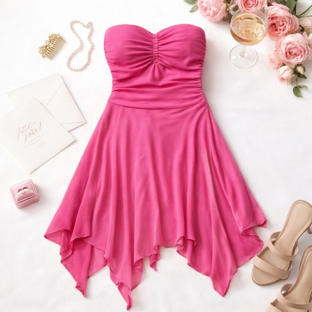 Studio 1940 Pink Strapless Handkerchief Hem Dress 26W Plus Size Ruched Bust
